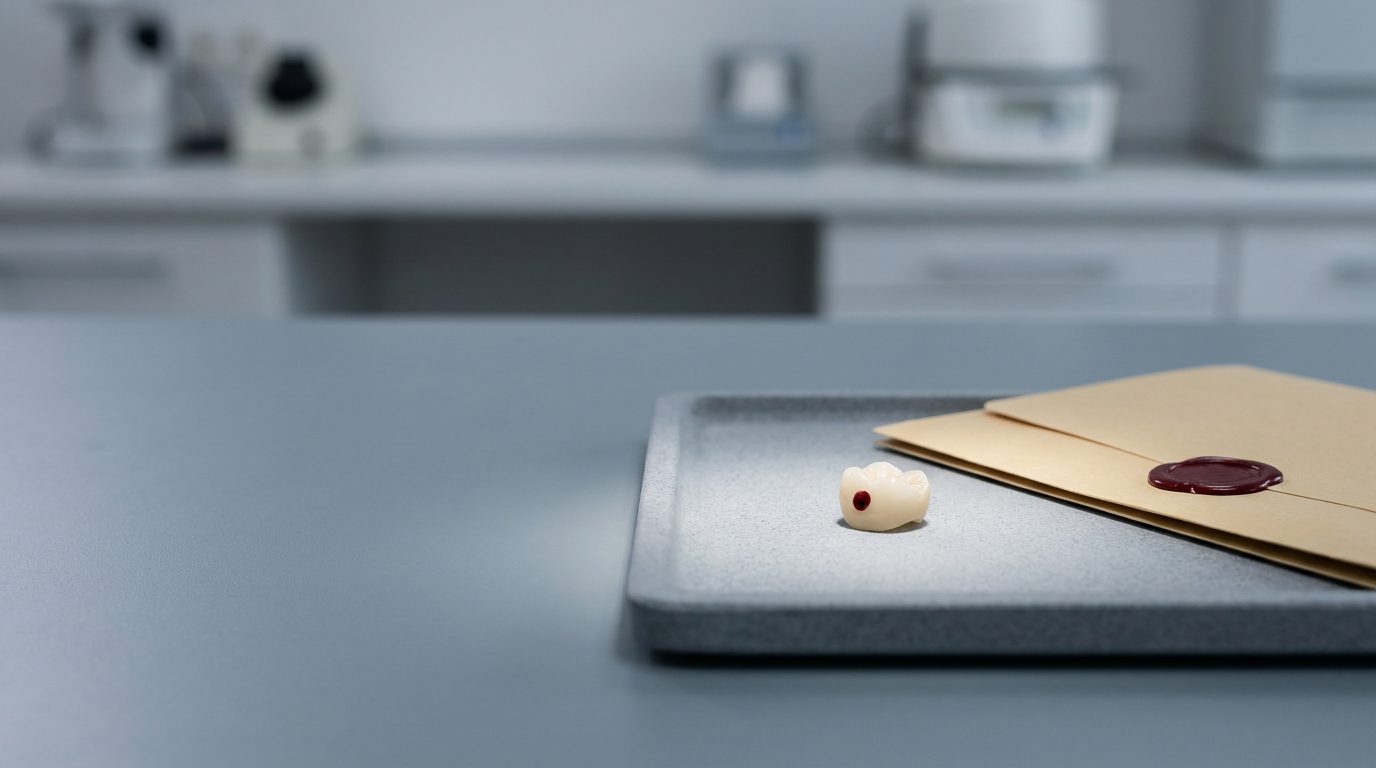 A single ceramic dental crown with a small red dot rests on a grey tray next to a sealed envelope, with a blurred lab bench in the background.