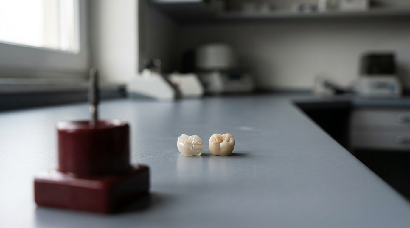 Two dental crowns, one light and one yellowish, on a gray counter in a dental lab.