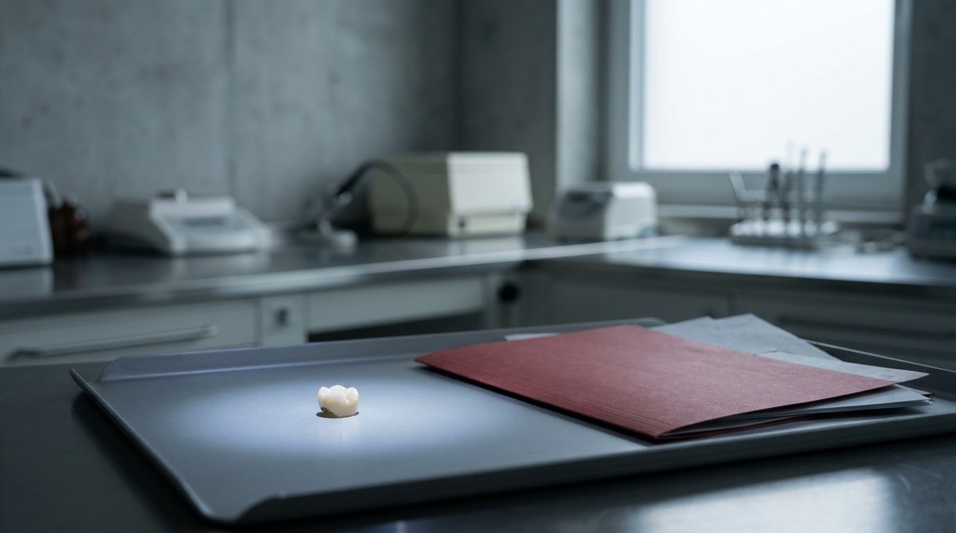Dental lab with a single tooth crown on a grey tray, next to a red folder.