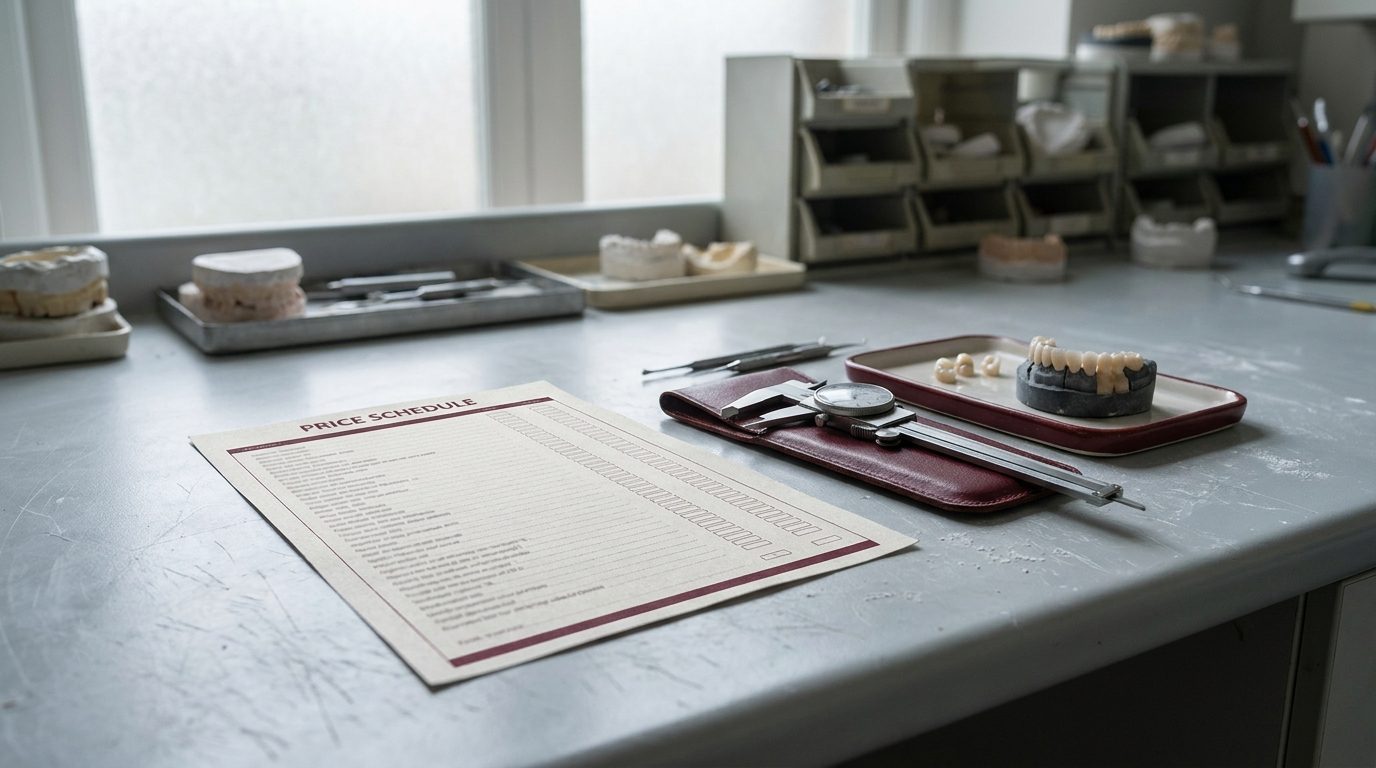 A "Price Schedule" document lies on a lab counter with dental tools, models, and a caliper.