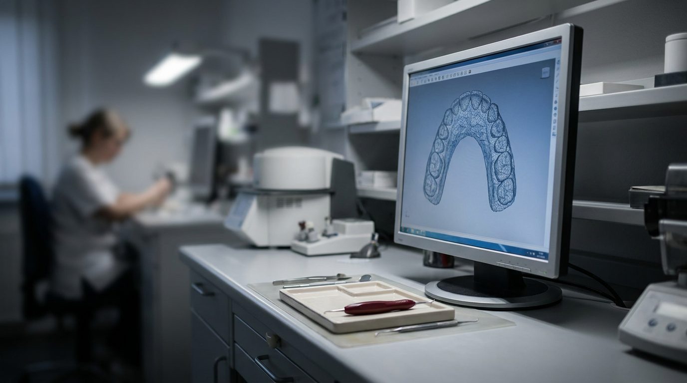 A monitor showing a 3D digital dental arch mesh in a darkened lab workstation with a red tool on the desk.